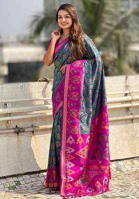 Teal green woven self design silk blend patola saree with blouse 2
