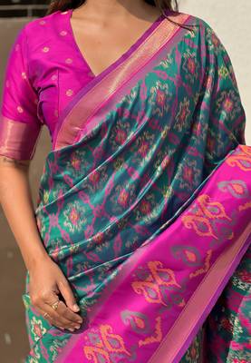 Teal green woven self design silk blend patola saree with blouse 3