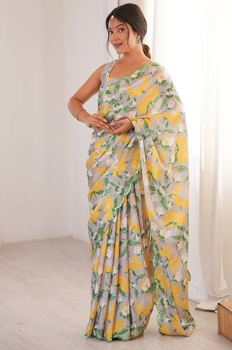 Women party wear digital print heavy chinnon saree with un sttiched blouse