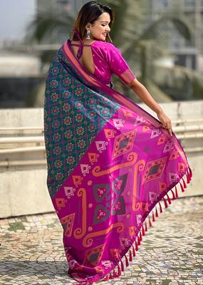 Teal green woven self design silk blend patola saree with blouse 4