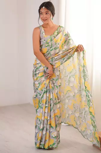 Women party wear digital print heavy chinnon saree with un sttiched blouse