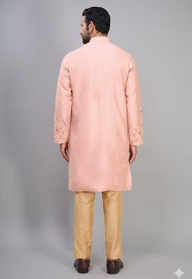 men’s peach silk kurta pant set with elegant embroidery 4