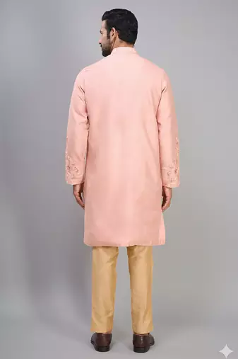 men’s peach silk kurta pant set with elegant embroidery