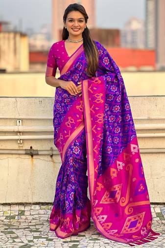 Violet woven self design silk blend patola saree with blouse