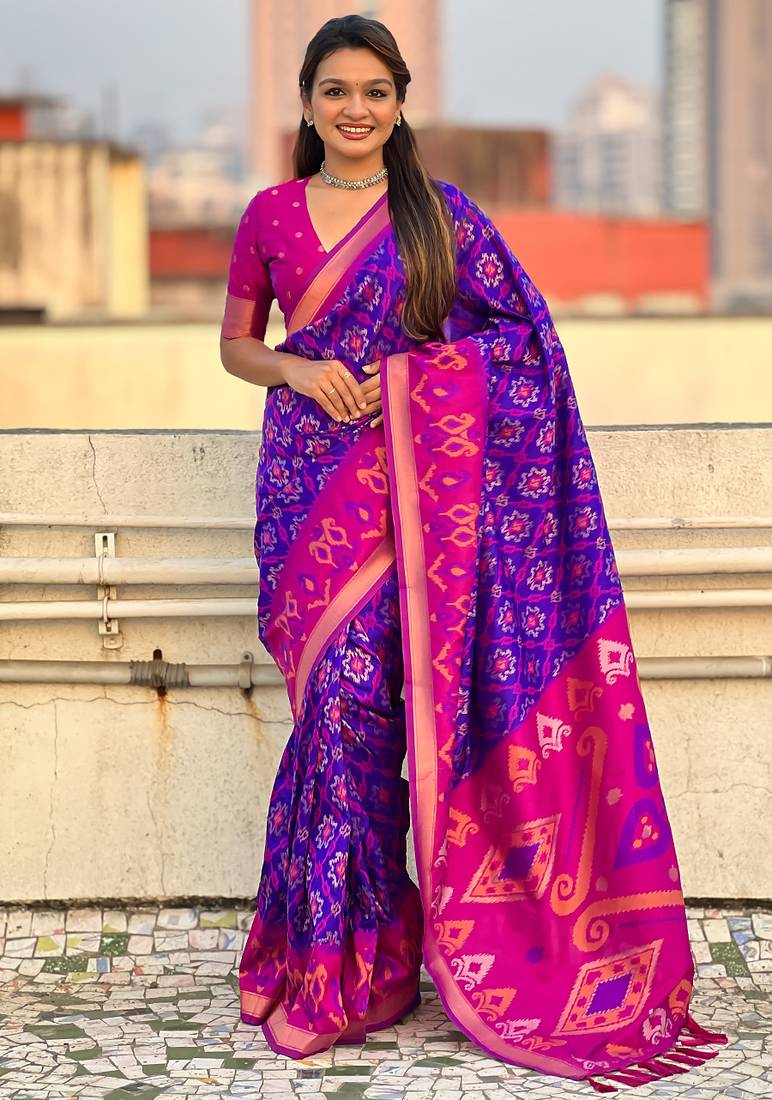 Violet woven self design silk blend patola saree with blouse