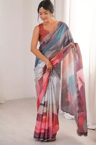 Women party wear digital print heavy chinnon saree with un sttiched blouse