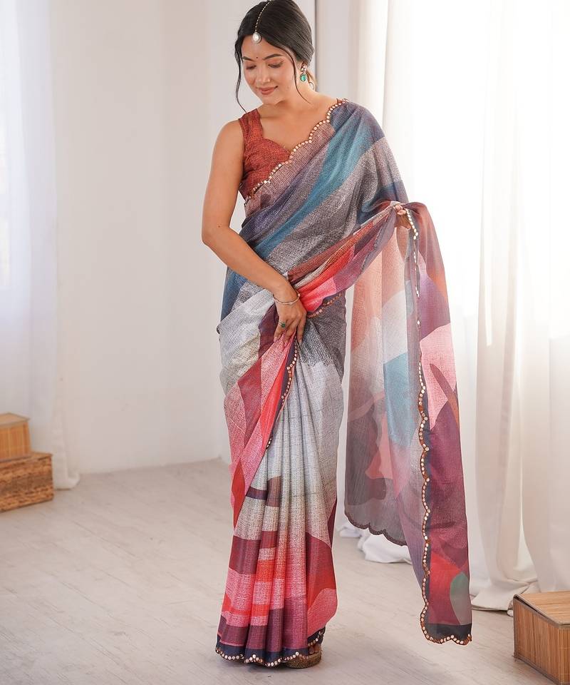 Women party wear digital print heavy chinnon saree with un sttiched blouse