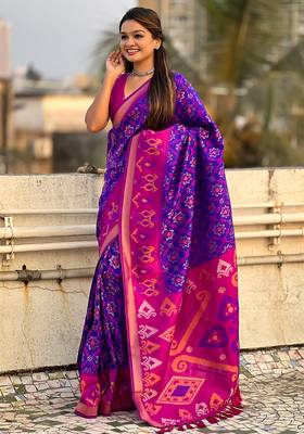 Violet woven self design silk blend patola saree with blouse 2