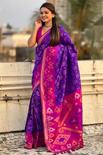 Violet woven self design silk blend patola saree with blouse