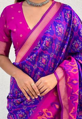 Violet woven self design silk blend patola saree with blouse 3