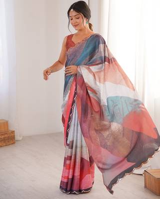 Women party wear digital print heavy chinnon saree with un sttiched blouse 3