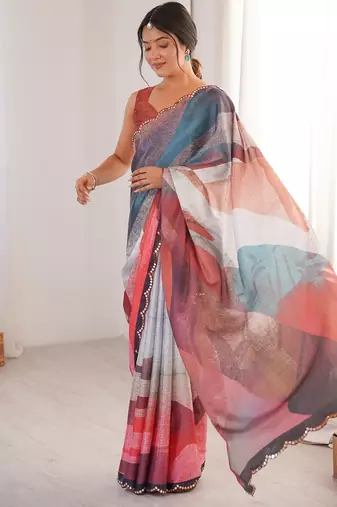Women party wear digital print heavy chinnon saree with un sttiched blouse