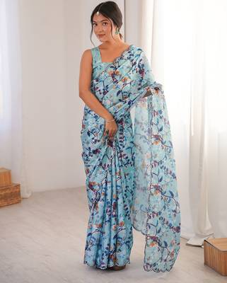 Women party wear digital print heavy chinnon saree with un sttiched blouse 1