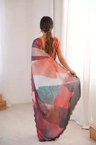 Women party wear digital print heavy chinnon saree with un sttiched blouse