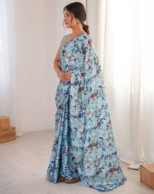 Women party wear digital print heavy chinnon saree with un sttiched blouse 2
