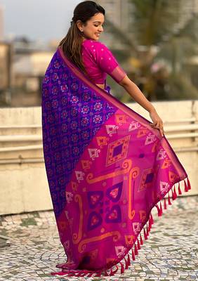 Violet woven self design silk blend patola saree with blouse 4