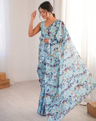 Women party wear digital print heavy chinnon saree with un sttiched blouse 3
