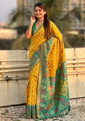 Yellow woven self design silk blend patola saree with blouse 2