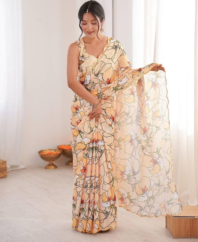 Women party wear digital print heavy chinnon saree with un sttiched blouse