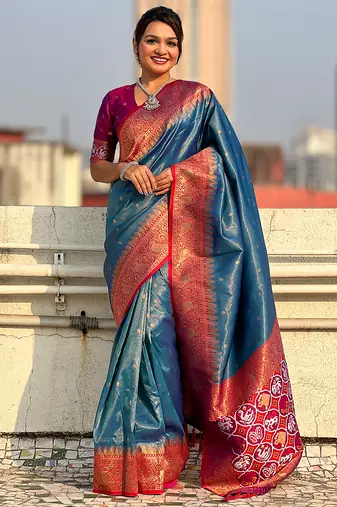 Blue woven self design tissue silk blend patola saree with blouse