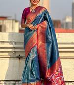 Blue woven self design tissue silk blend patola saree with blouse