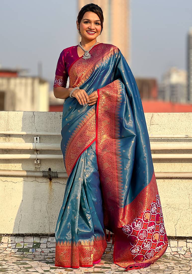 Blue woven self design tissue silk blend patola saree with blouse