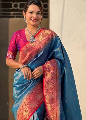 Blue woven self design tissue silk blend patola saree with blouse 2