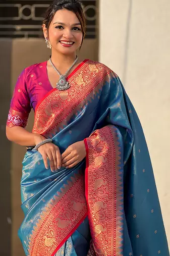 Blue woven self design tissue silk blend patola saree with blouse