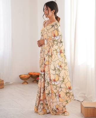 Women party wear digital print heavy chinnon saree with un sttiched blouse 3