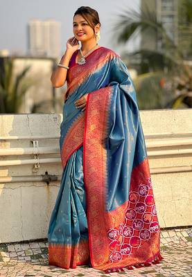 Blue woven self design tissue silk blend patola saree with blouse 3