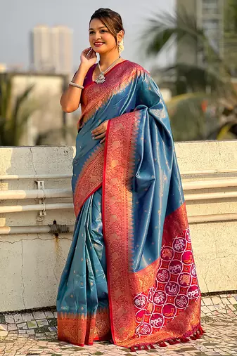 Blue woven self design tissue silk blend patola saree with blouse
