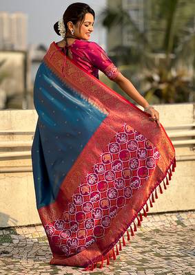 Blue woven self design tissue silk blend patola saree with blouse 4