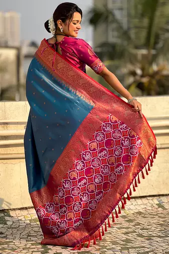 Blue woven self design tissue silk blend patola saree with blouse