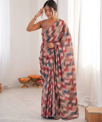 Women party wear digital print heavy chinnon saree with un sttiched blouse 1