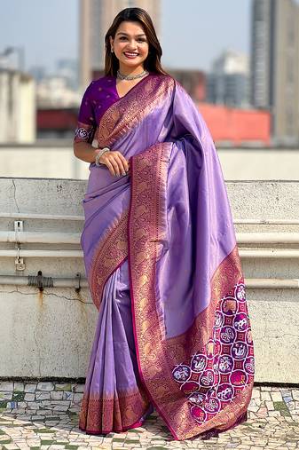 Lavender woven self design tissue silk blend patola saree with blouse