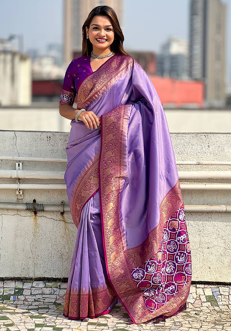 Lavender woven self design tissue silk blend patola saree with blouse