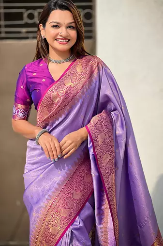 Lavender woven self design tissue silk blend patola saree with blouse