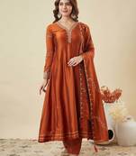 Women's Gorgeous Embroidery Work Vichitra Silk Fabric Flared Anarkali Pant and Dupatta Set