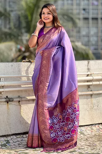 Lavender woven self design tissue silk blend patola saree with blouse