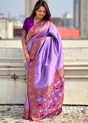 Lavender woven self design tissue silk blend patola saree with blouse 4