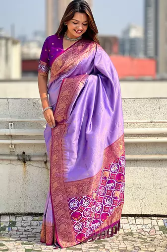 Lavender woven self design tissue silk blend patola saree with blouse