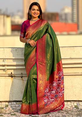 Mehendi woven self design tissue silk blend patola saree with blouse 1