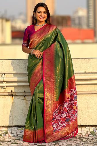 Mehendi woven self design tissue silk blend patola saree with blouse