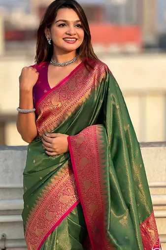 Mehendi woven self design tissue silk blend patola saree with blouse