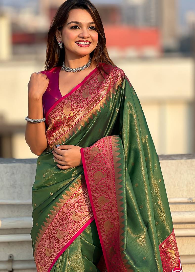 Mehendi woven self design tissue silk blend patola saree with blouse