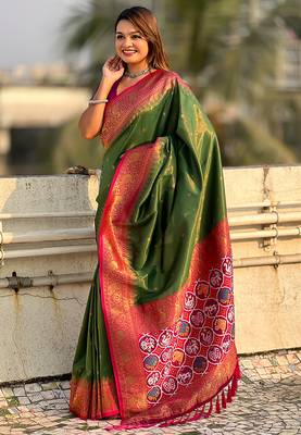 Mehendi woven self design tissue silk blend patola saree with blouse 3