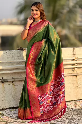 Mehendi woven self design tissue silk blend patola saree with blouse