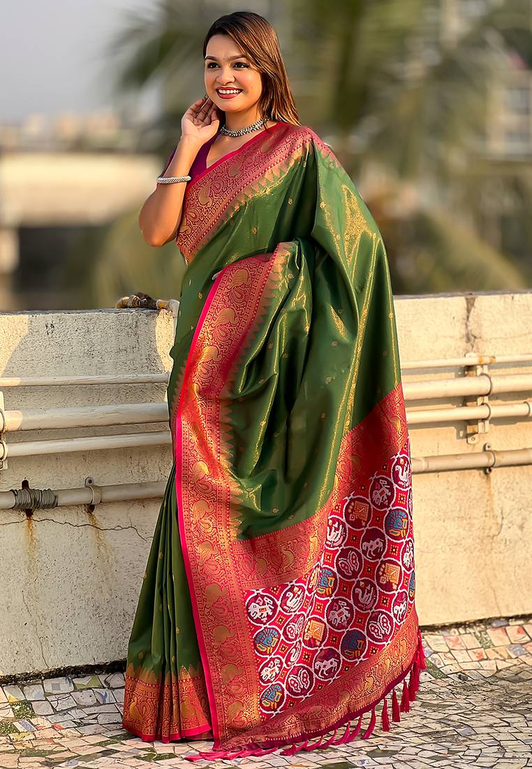 Mehendi woven self design tissue silk blend patola saree with blouse
