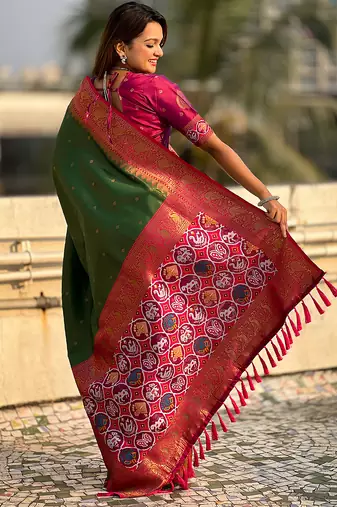 Mehendi woven self design tissue silk blend patola saree with blouse
