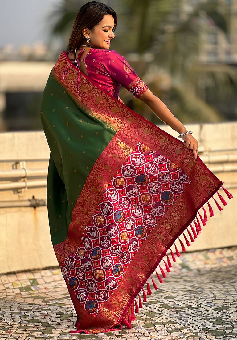 Mehendi woven self design tissue silk blend patola saree with blouse